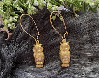 Medium Gold Brass Cute Owl Earrings, Handmade, Gold Plated Kidney Ear Wires