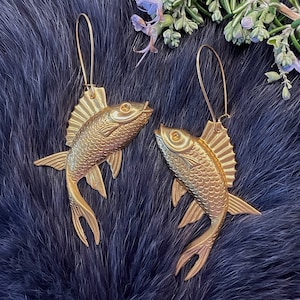 Large Gold Brass Swimming Fish Earrings, Handmade, Gold Plated Kidney Ear Wires