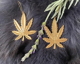 Large Gold Brass Marijuana Earrings, Handmade, Gold Plated Kidney Ear Wires