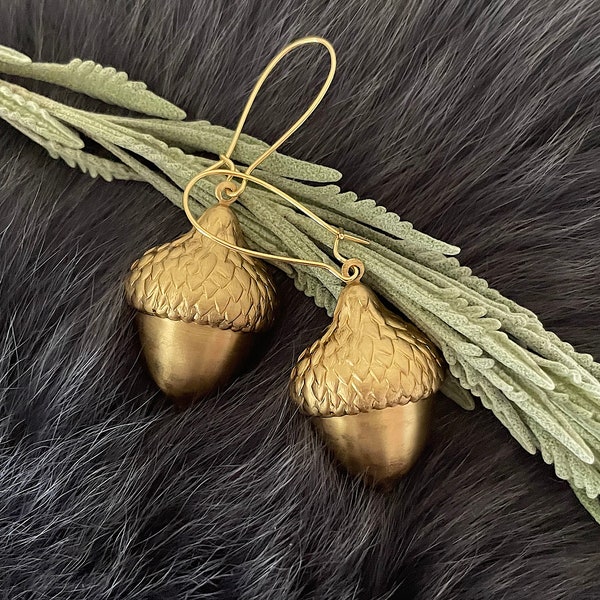 Large Gold Brass Acorn Earrings, Handmade, Gold Plated Kidney Ear Wires