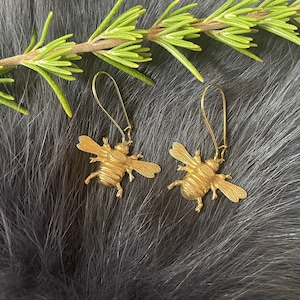 Small Gold Brass Flying Bumblebee Earrings, Handmade Insect, Gold Plated Kidney Ear Wires