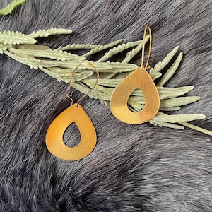 Medium Gold Brass Open Teardrop Hoop Earrings, Handmade, Gold Plated Kidney Ear Wires