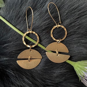 Large Gold Brass Sun and Moon Earrings, Handmade, Gold Plated Kidney Ear Wires