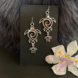 Silver Tone Sea Turtle And Baby Earrings, Handmade, Steel Ear Wires