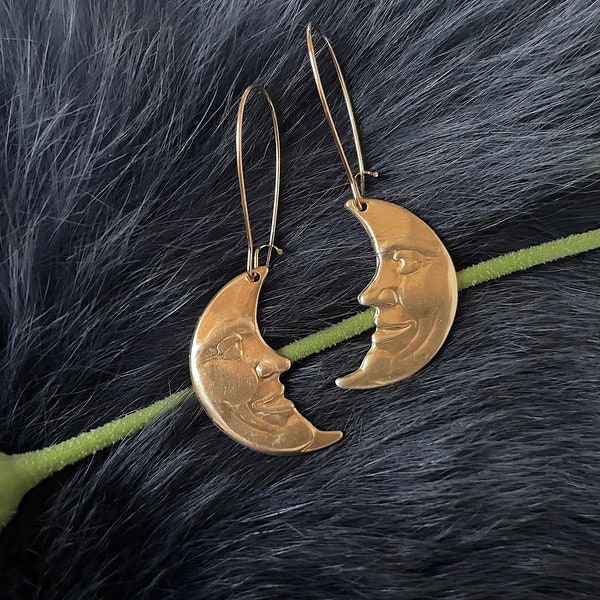 Medium Gold Brass Moon Face Earrings, Handmade, Gold Plated Kidney Ear Wires