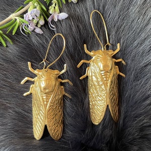 Giant Gold Brass Cicada Earrings, Handmade Insect, Gold Plated Kidney Ear Wires