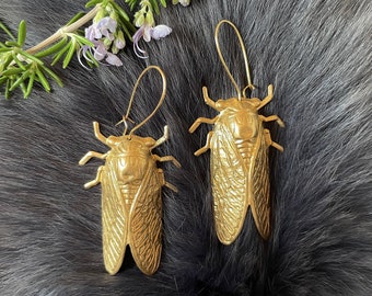Giant Gold Brass Cicada Earrings, Handmade Insect, Gold Plated Kidney Ear Wires