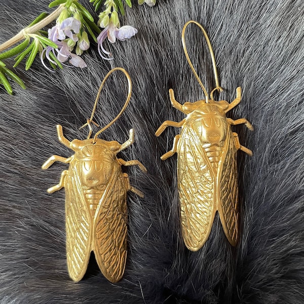 Giant Gold Brass Cicada Earrings, Handmade Insect, Gold Plated Kidney Ear Wires