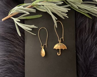 Gold Brass A Raining Day Earrings, Handmade, Gold Plated Ear Wires