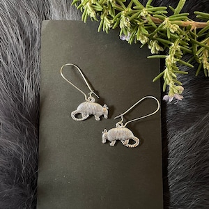 Cute Small Silver Tone Armadillo Earrings, Handmade, Steel Kidney Ear Wires