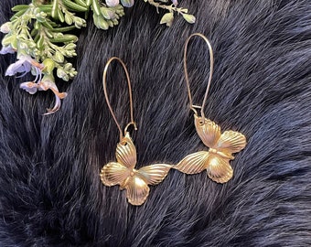 Small Gold Brass Butterfly Earrings, Handmade Insect, Gold Plated Kidney Ear Wires