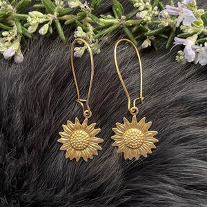 Small Gold Brass Sunflower Earrings, Handmade, Gold Plated Kidney Ear Wires