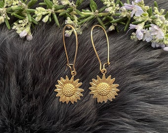 Small Gold Brass Sunflower Earrings, Handmade, Gold Plated Kidney Ear Wires