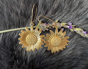 Medium Gold Brass Sunflower Earrings, Handmade, Gold Plated Kidney Ear Wires
