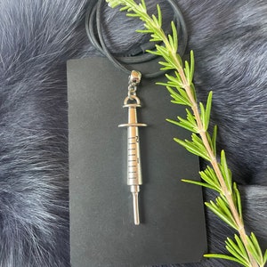 Large Silver Tone Doctor Syringe Necklace With Silicone Neck Cord