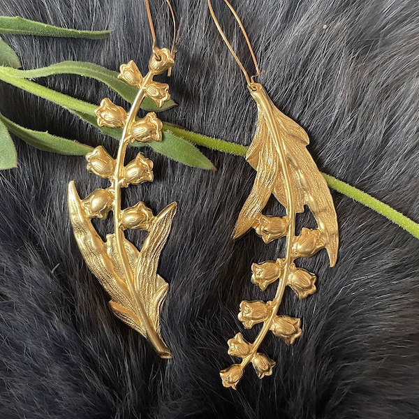 Extra Large Gold Brass Lily Of The Valley Earrings, Handmade, Gold Plated Kidney Ear Wires