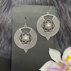 Silver Tone Flower Of Life Earrings, Handmade, Steel Ear Wires