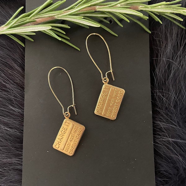 Cute Gold Brass Credit Card Earrings, Handmade, Gold Plated Kidney Ear Wires