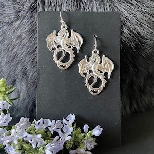 Medium Silver Tone Dragon Earrings, Handmade, Steel Ear Wires