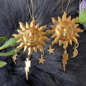 Extra large Gold Brass Style Sun Earrings, With Moon Stars And Lightning Bolts, Handmade, Gold Plated Kidney Ear Wires