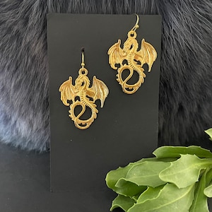 Medium Golden Tone Dragon Earrings, Handmade, Gols Plated Ear Wires