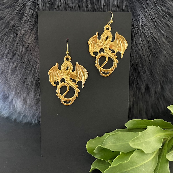 Medium Golden Tone Dragon Earrings, Handmade, Gols Plated Ear Wires