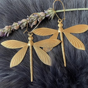 Giant Gold Brass Dragonfly Earrings, Handmade Insect, Gold Plated Kidney Ear Wires
