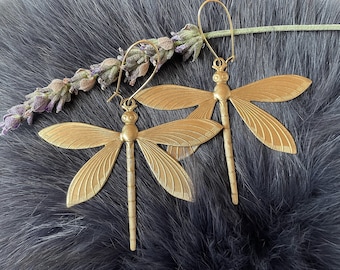 Giant Gold Brass Dragonfly Earrings, Handmade Insect, Gold Plated Kidney Ear Wires