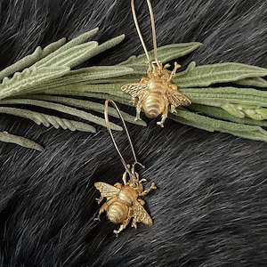 Small Gold Brass Flying Bumblebee Earrings, Handmade Insect, Gold Plated Kidney Ear Wires