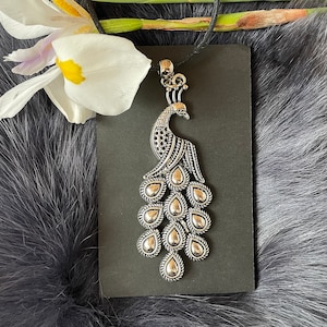 Extra Large Silver Tone Peacock Necklace With Silicone Neck Cord