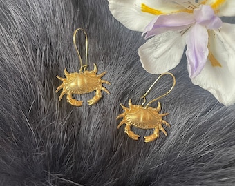 Small Beautiful Gold Brass Crab Earrings, Handmade, Gold Plated Kidney Ear Wires