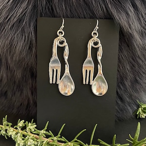 Medium Silver Tone Fork And Spoon Earrings, Handmade, Steel Ear Wires