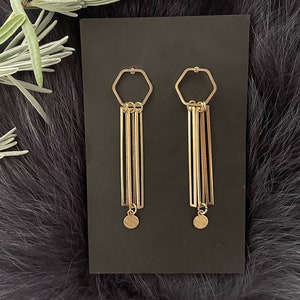 Long Hexagon Gold Brass Dangle Earrings, Handmade, Gold Plated Post Ear Wires