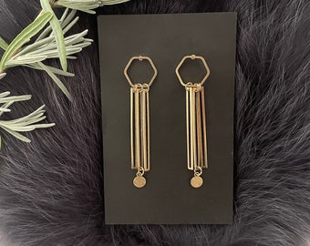 Long Hexagon Gold Brass Dangle Earrings, Handmade, Gold Plated Post Ear Wires