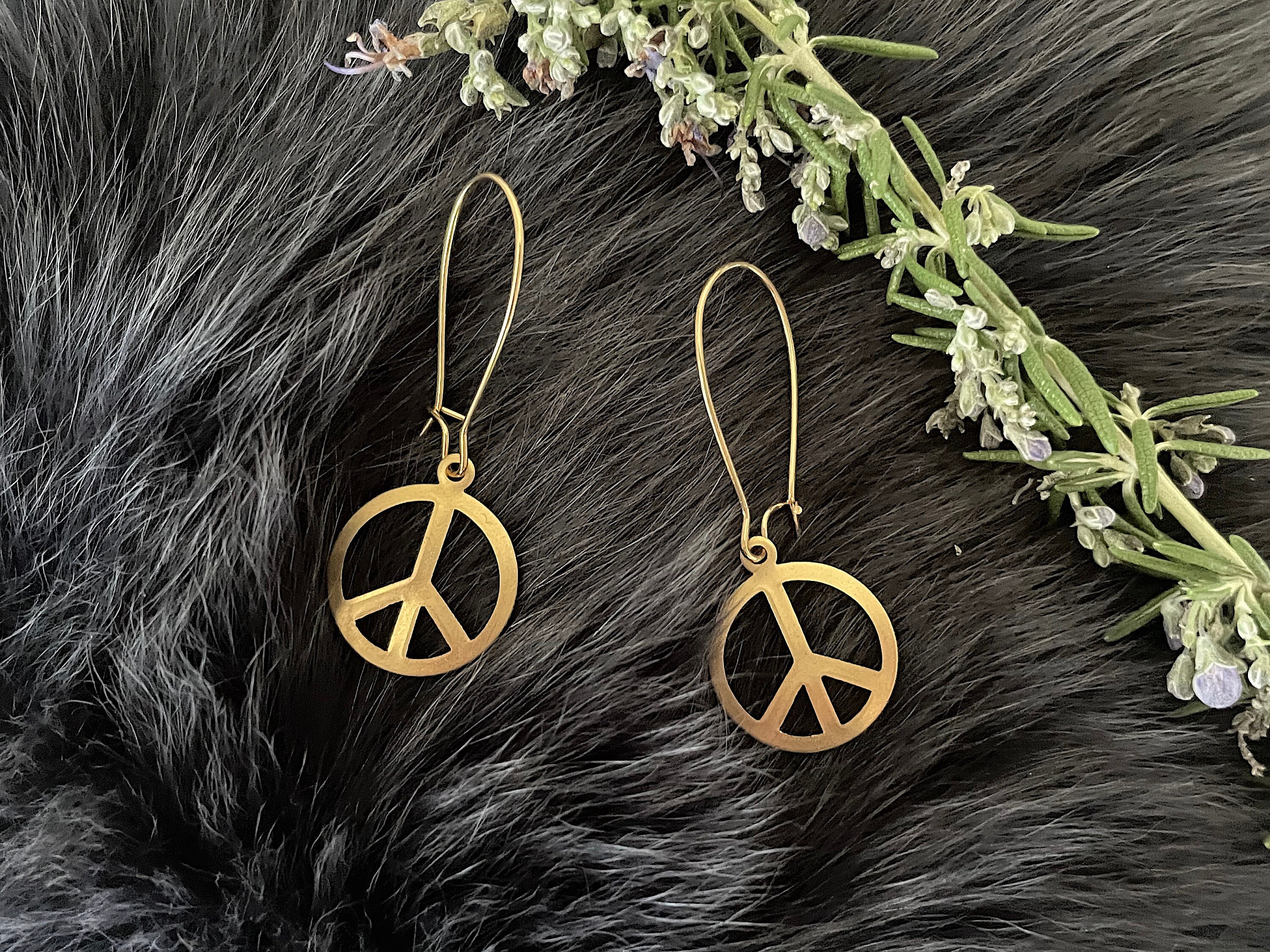 Earring Signs Classical Gold Brass Peace Sign Earrings, Handmade, Gold Plated Kidney ...