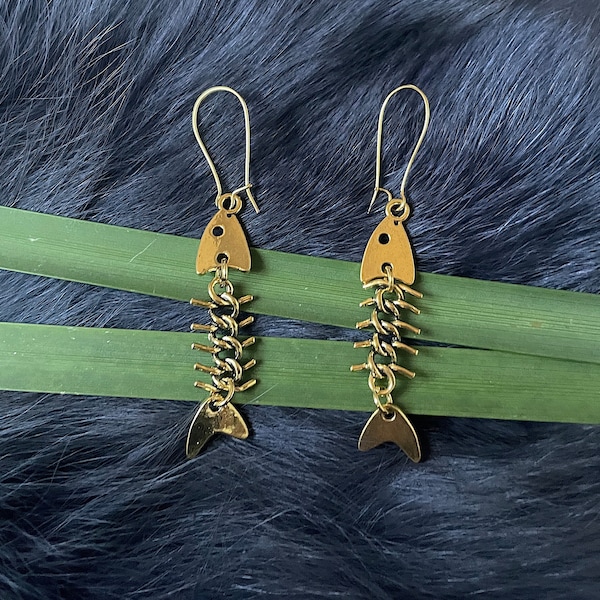 Large Gold Tone Fish Bone Earrings, Handmade, Gold Plated Kidney Ear Wires