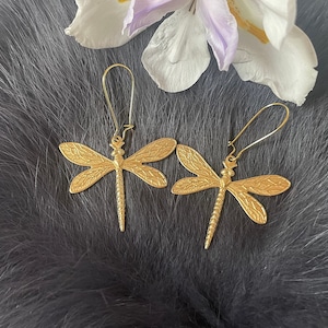 Medium Gold Brass Dragonfly Earrings, Handmade Insect, Gold Plated Kidney Ear Wires