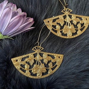 Extra Large Gold Brass Floral Fan Earrings, Handmade, Gold Plated Kidney Ear Wires