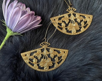 Extra Large Gold Brass Floral Fan Earrings, Handmade, Gold Plated Kidney Ear Wires