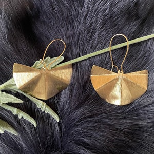 Large Gold Brass Folded Fan Earrings, Handmade, Gold Plated Kidney Ear Wires