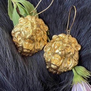 Large Gold Brass Beautiful Lion Head Earrings, Handmade, Gold Plated Kidney Ear Wires