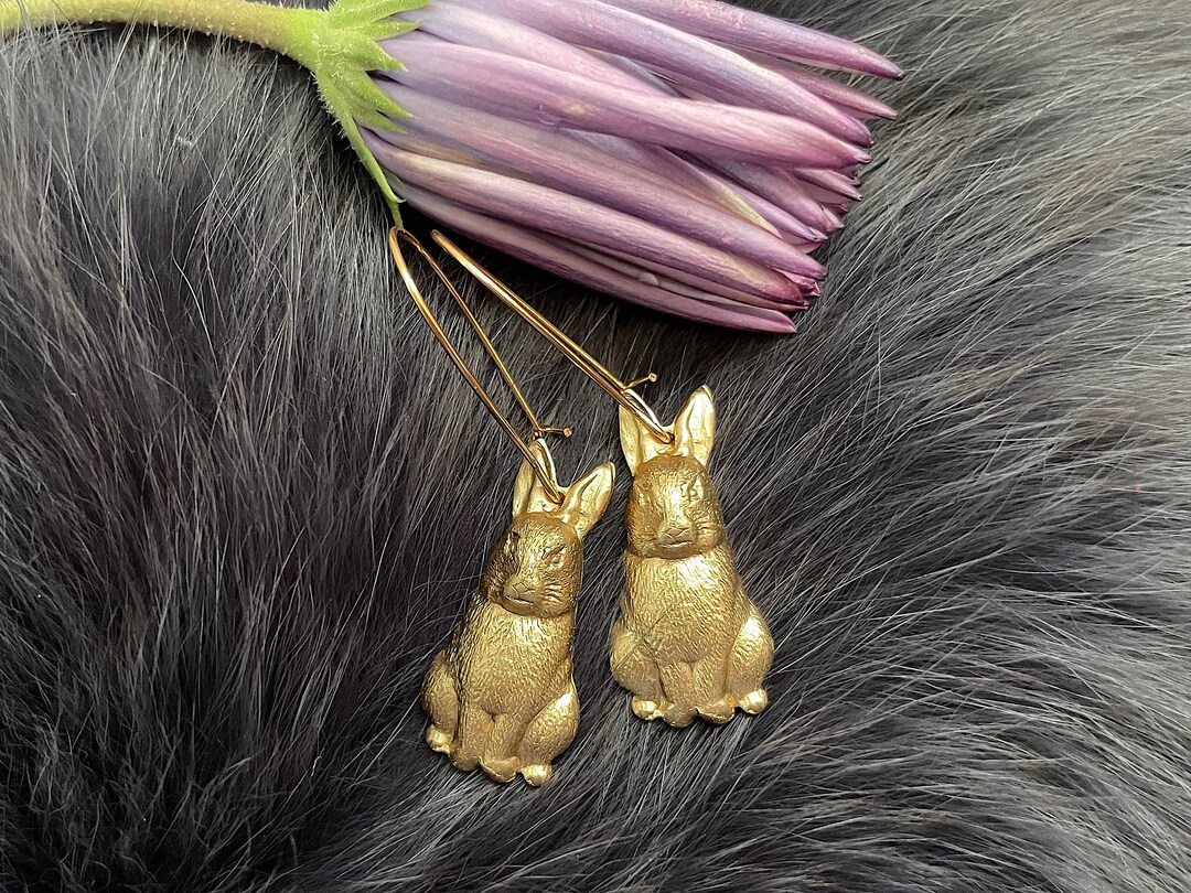 Bronze Rabbit Earring Medium Gold Brass Lovely Sitting Rabbit Earrings, Handmade, Gold Plated ...