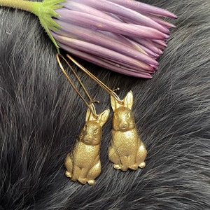 Medium Gold Brass Lovely Sitting Rabbit Earrings, Handmade, Gold Plated Kidney Ear Wires