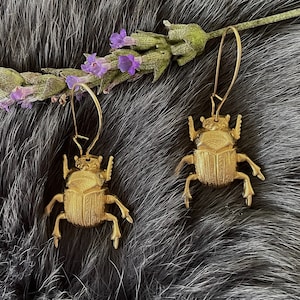 Small Gold Brass Scarab Beetle Earrings, Handmade Insect, Gold Plated Kidney Ear Wires