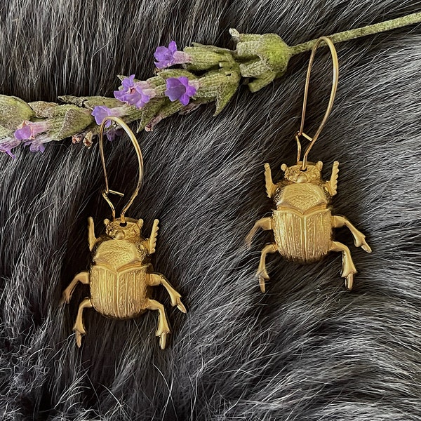 Small Gold Brass Scarab Beetle Earrings, Handmade Insect, Gold Plated Kidney Ear Wires
