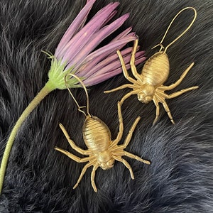 Large Gold Brass Upside Down Spider Earrings, Handmade Insect, Gold Plated Kidney Ear Wires