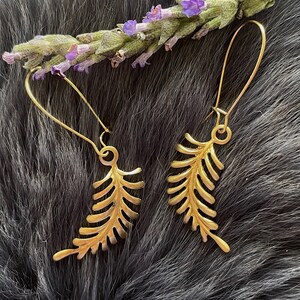 May include: A pair of gold-tone earrings with a leaf design. The earrings are hanging from a wire hook.