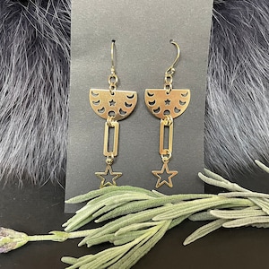 Lovely Gold Brass Star And Moon Phases Earrings, Handmade, Gold Plated Ear Wires