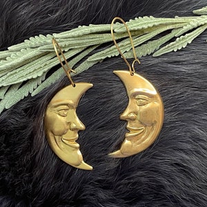 Large Gold Brass Moon Face Earrings, Handmade, Gold Plated Kidney Ear Wires