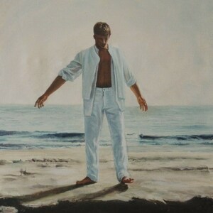 portret van man origineel olieverf op doek ondertekend / man op strand origineel olieverfschilderij op doek